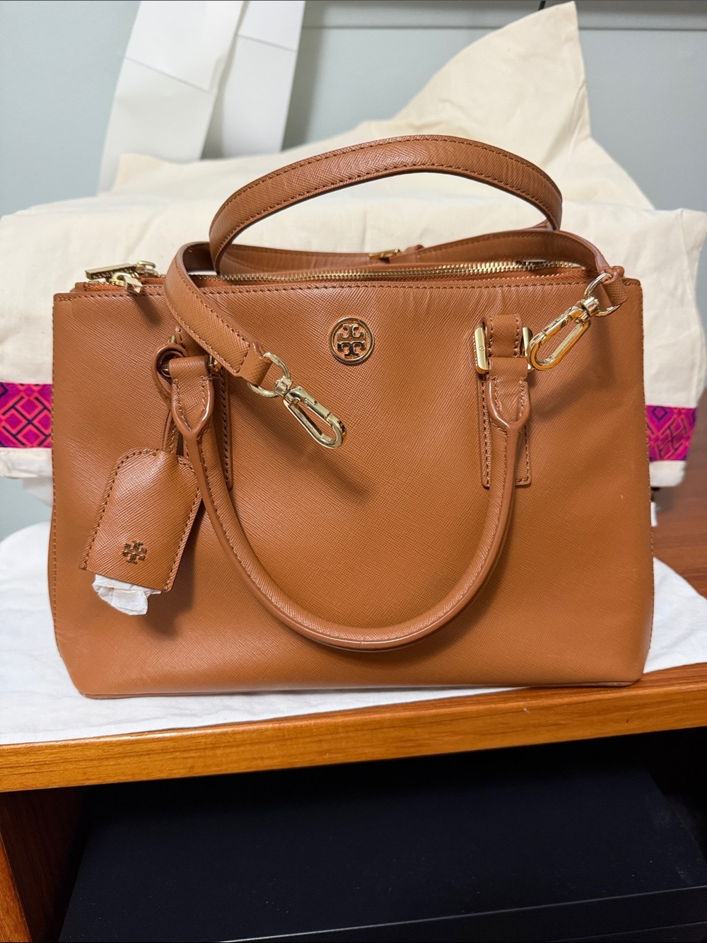 Tory Burch Caramel Brown Leather Satchel with Gold Hardware